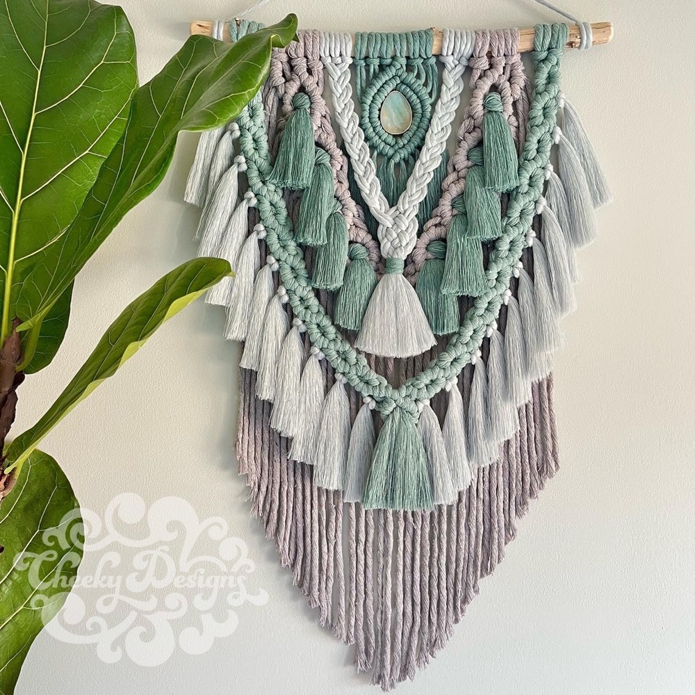 Boho macrame wall hanging with natural gemstone and tassels